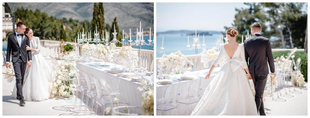 Luxus Hochzeit in weiß Brautpaar am Dinner Tisch Wedding Kroatien, wedding in croatia,hochzeitsplanerin kroatien, hochzeit in kroatien
