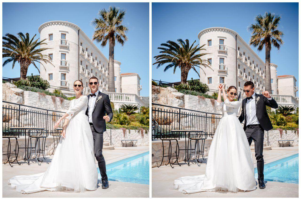 Luxus Hochzeit in weiß Brautpaar am Pool Wedding Kroatien, wedding in croatia,hochzeitsplanerin kroatien, hochzeit in kroatien