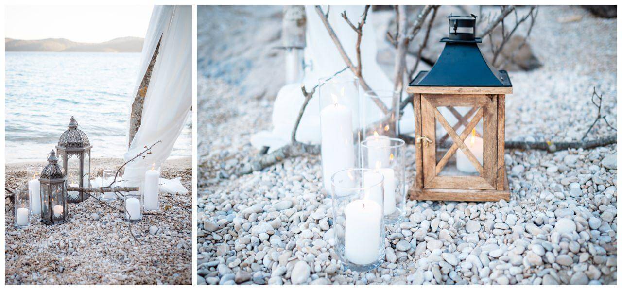 Hochzeit in Kroatien Paarshooting am Meer Glas Kerzen