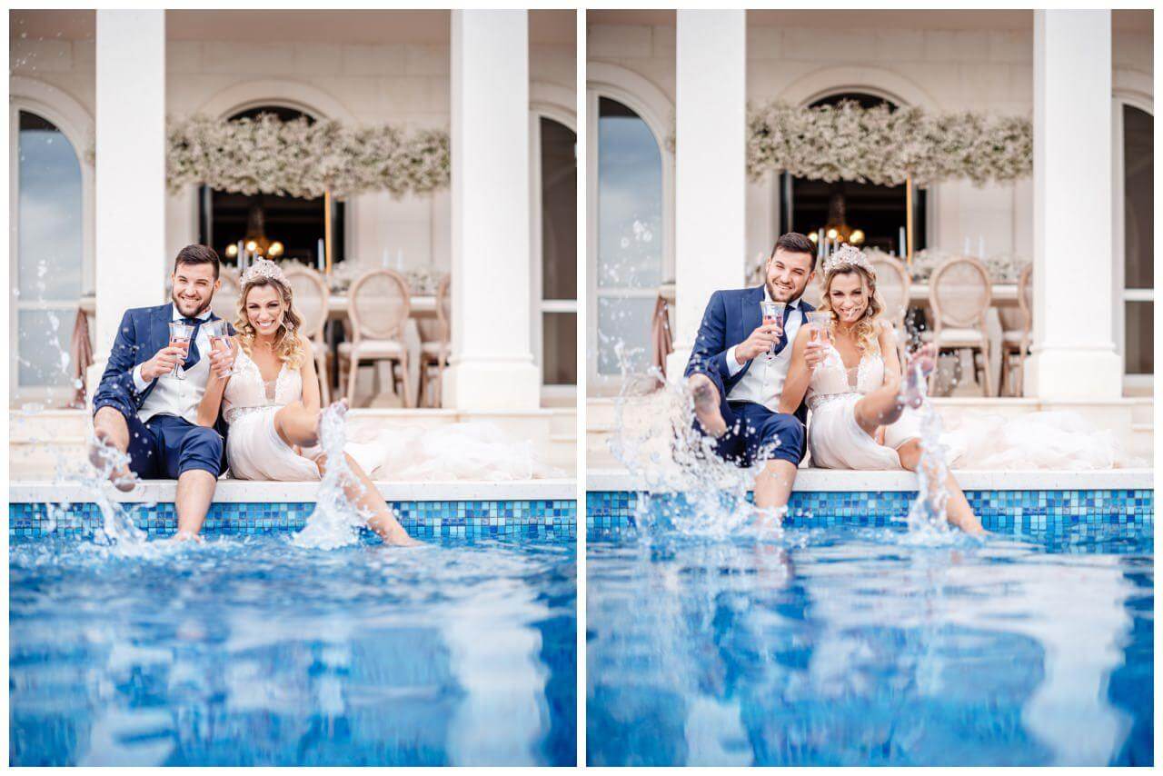 Brautpaar feiert am Pool vor Schleierkraut-Kulisse in Kroatien Wedding Kroatien, wedding in croatia,hochzeitsplanerin kroatien, hochzeit in kroatien