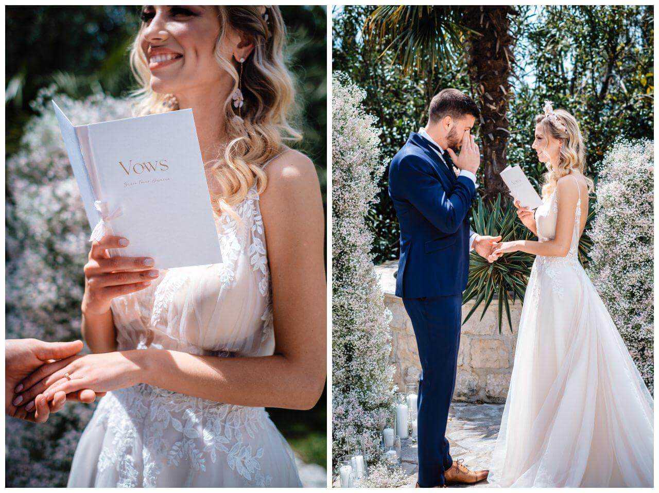 Vor Schleierkraut-Dekoration liest Braut Bräutigam Eheversprechen in Kroatien vor