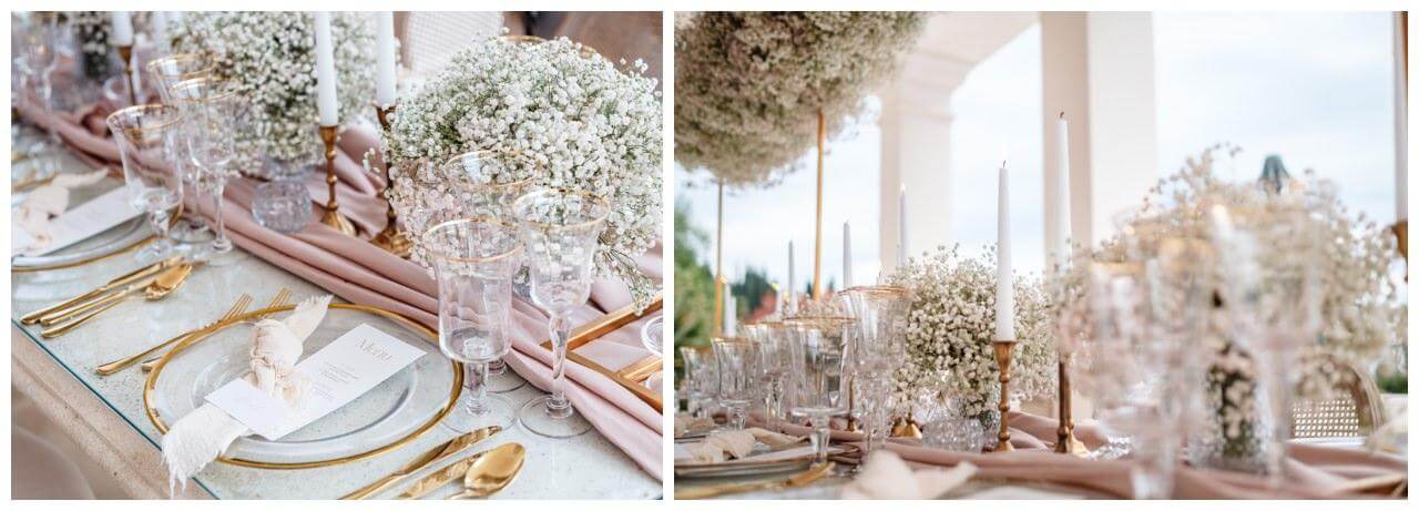 Tischdeko Hochzeit in rosa und gold mit Schleierkraut und Kerzen in weiß Wedding Kroatien, wedding in croatia,hochzeitsplanerin kroatien, hochzeit in kroatien