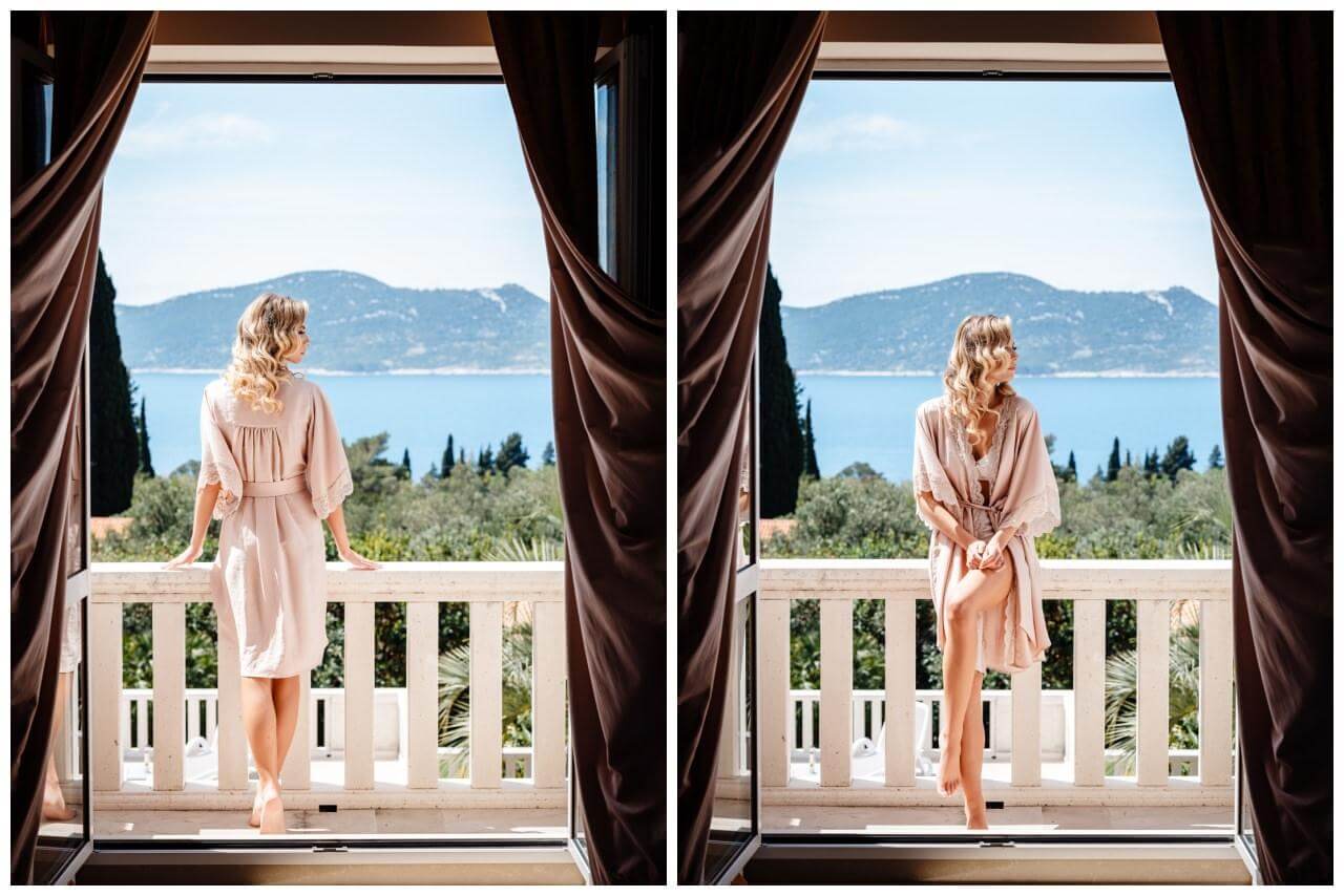 Braut in rosa Unterwäsche auf Balkon in Villa in Kroatien beim Bridal Morning Wedding Kroatien, wedding in croatia,hochzeitsplanerin kroatien, hochzeit in kroatien