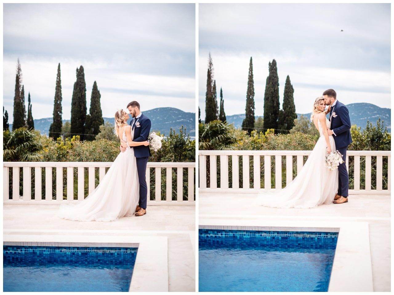 Brautpaar mit Schleierkraut Brautstrauß vor Pool einer Villa in Kroatien Wedding Kroatien, wedding in croatia,hochzeitsplanerin kroatien, hochzeit in kroatien