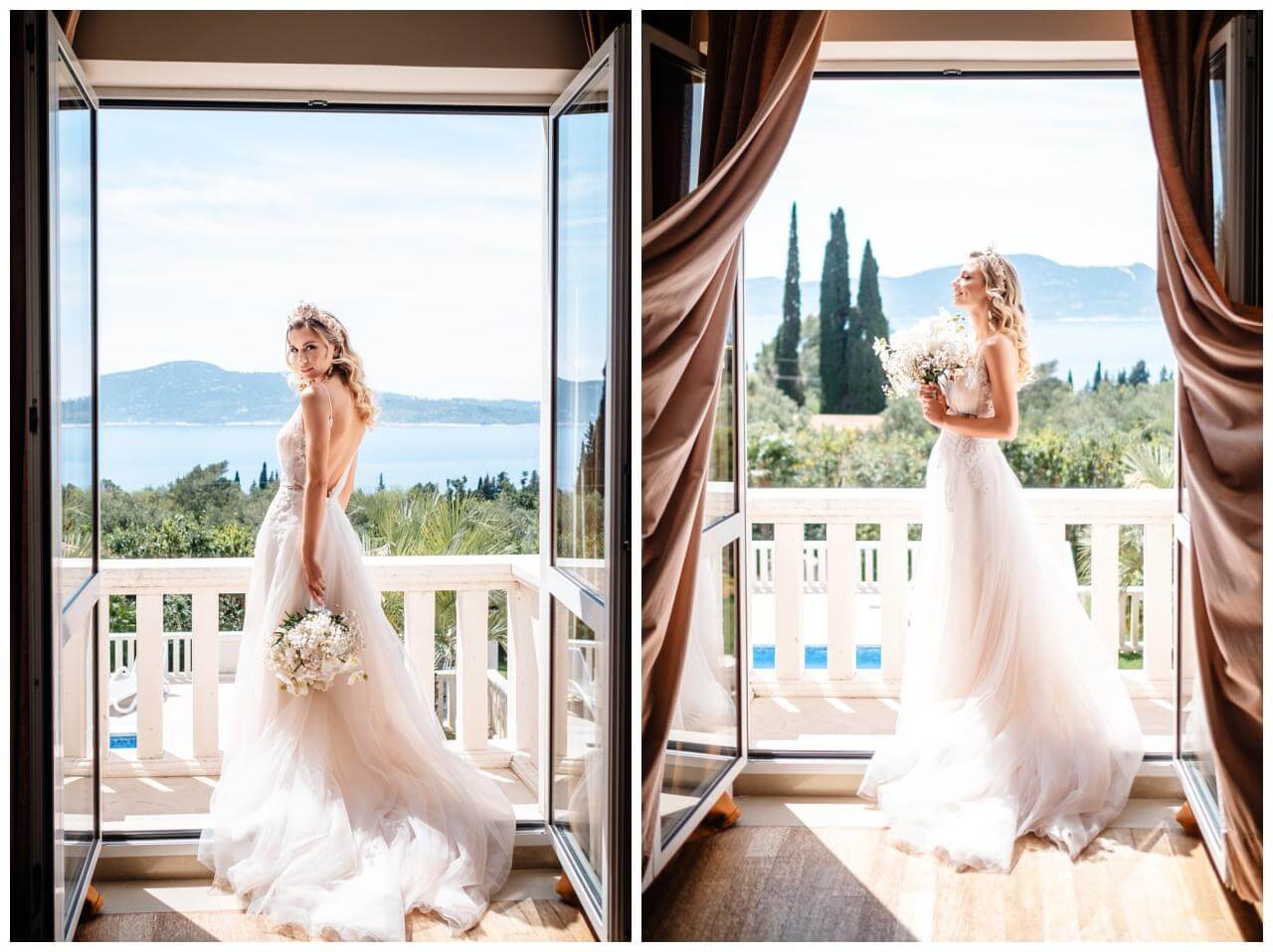 Braut mit Brautstrauß Schleierkraut auf Balkon in Villa in Kroatien Wedding Kroatien, wedding in croatia,hochzeitsplanerin kroatien, hochzeit in kroatien