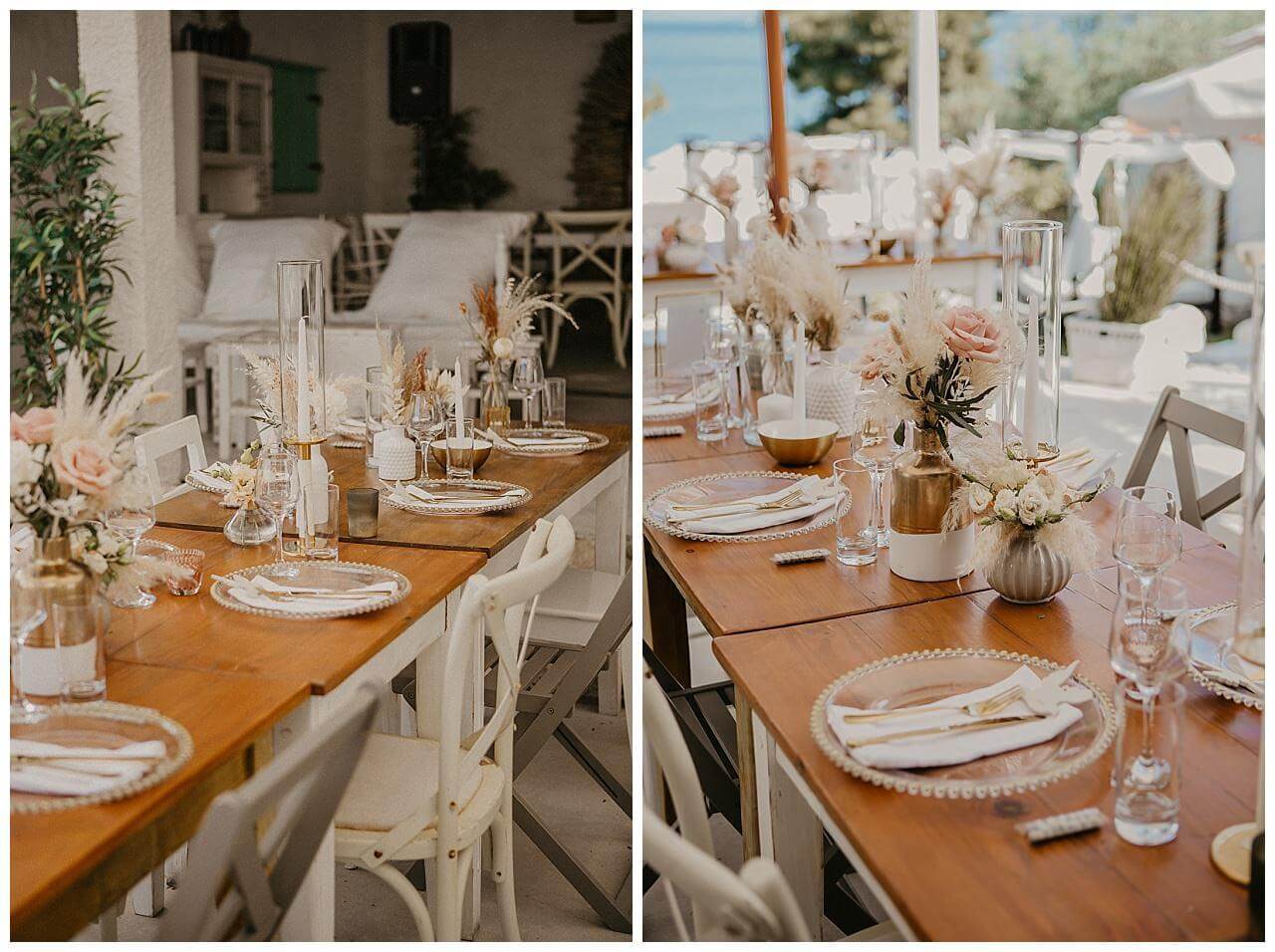 Tischdekoration in Neutralen Farben in beige und weiß mir Gold-Bronze Akzente bei einer Hochzeit in Kroatien in Split