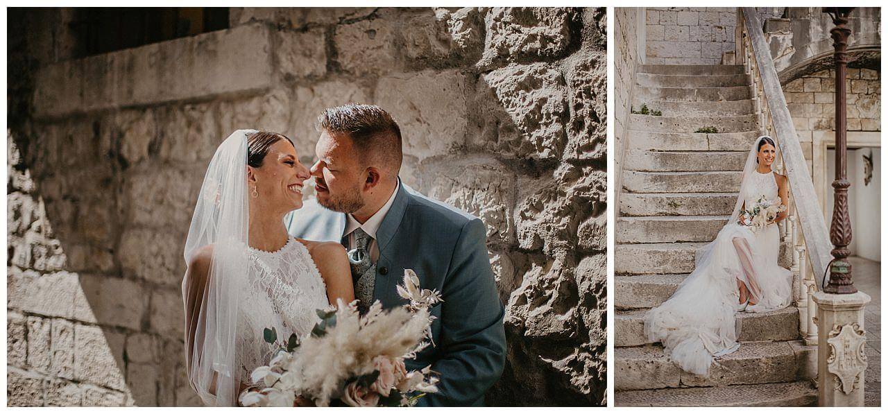 Brautpaar und Braut in alten Mauren bei einer Hochzeit in Kroatien in der Stadt Split