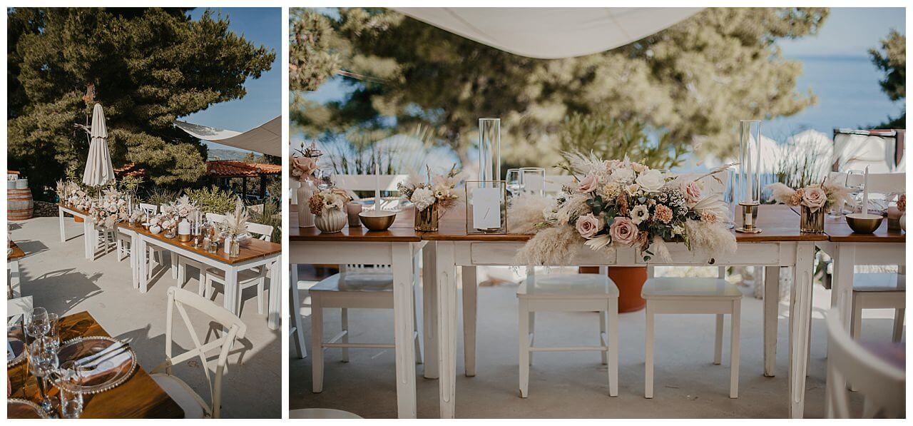 Blumen Tischdekoration in beige und blassen rosa und Goldener Tischdekoration in Kroatien in der Stadt Split