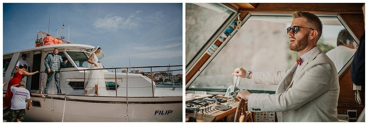 Brautpaar und Gäste auf Boot in Split in Kroatien