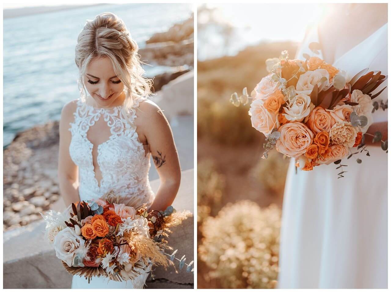 Braut mit Brautstrauß in neutralen Orange und beige tönen bei einer Hochzeit auf der Insel Brac in Kroatien