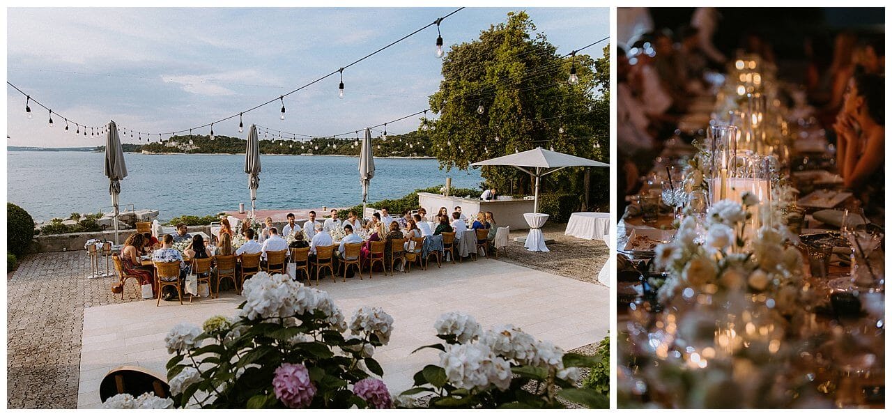 Hochzeits Essen mit Tischdekoration in weiß bei einer Hochzeit in Istrien Kroatien