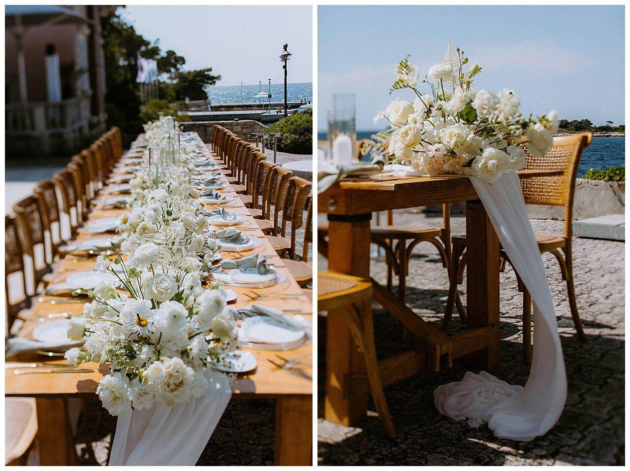 Tischdekoration in weiß grau mit weißen Blumen und weißer Tischdecke bei einer Hochzeit in Istrien Kroatien