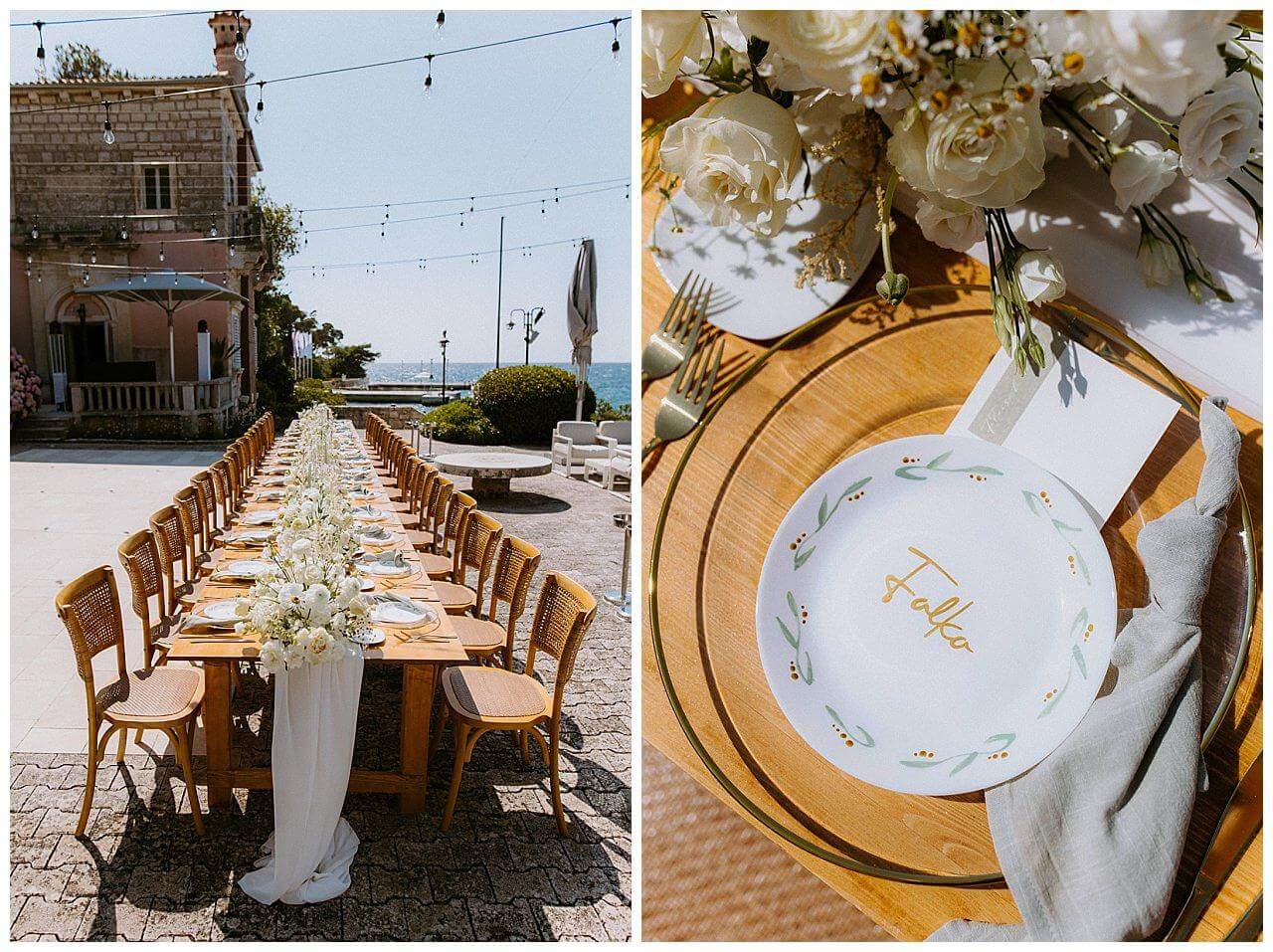 Tischdekoration in weiß grau mit weißen Blumen und weißer Tischdecke bei einer Hochzeit in Istrien Kroatien