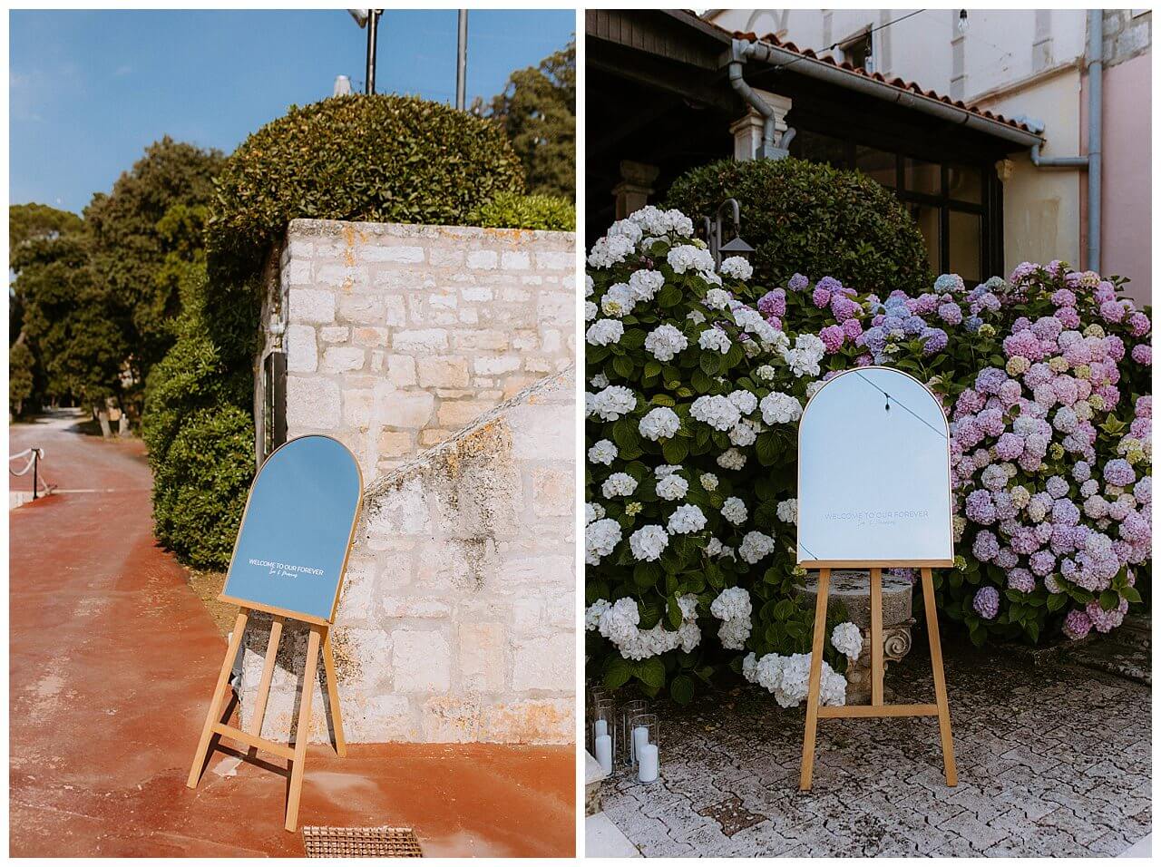Willkommensschild in Blau und hellblau bei einer Hochzeit in Istrien Kroatien