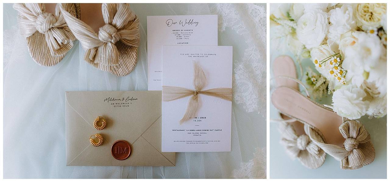 Hochzeits Einladung in weiß mit hell braunen Umschlage und beige boho Brautschuhe mit Schleife für eine Hochzeit in Istrien Kroatien