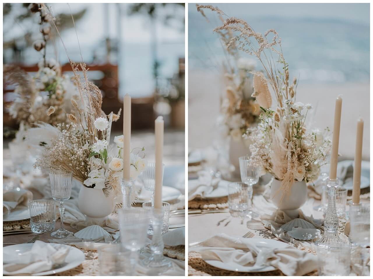 Boho Tischdekoration in beige weiß bei einer Hochzeit am Strand in Kroatien