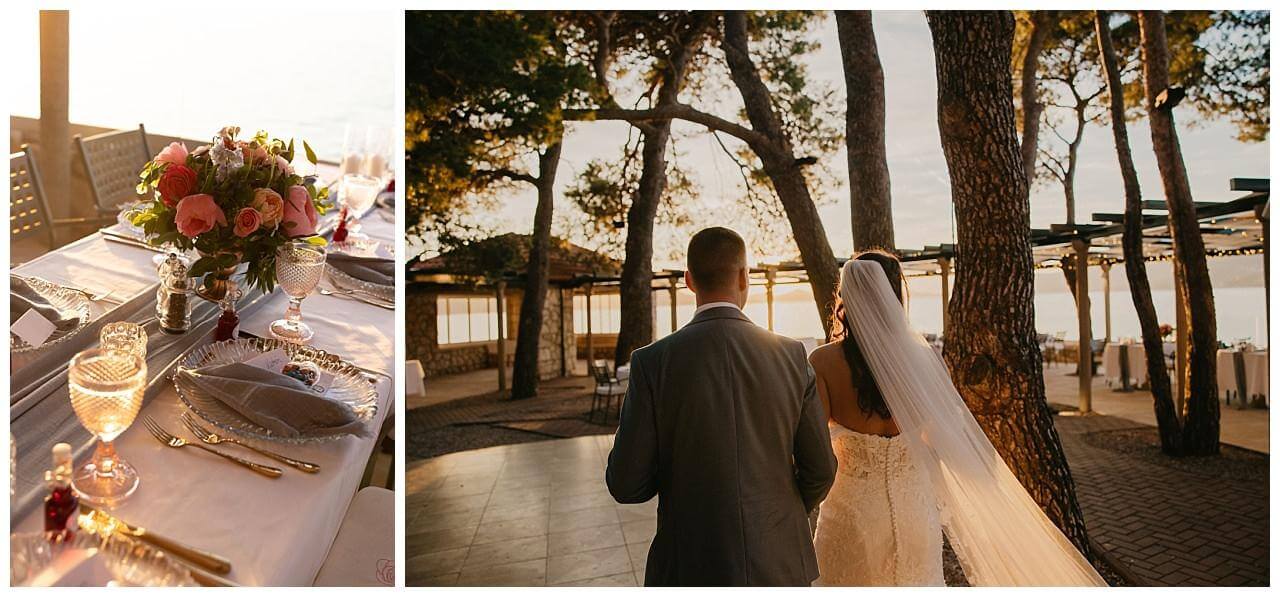 Gedeckter Tisch und Brautpaar bei einer Hochzeit in Kroatien in der Stadt Dubrovnik