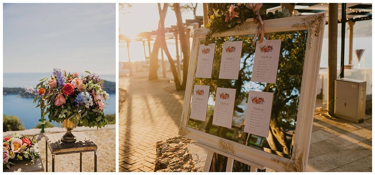 Blumenschmuck und Sitzplan einer Hochzeit in Kroatien in der Stadt Dubrovnik