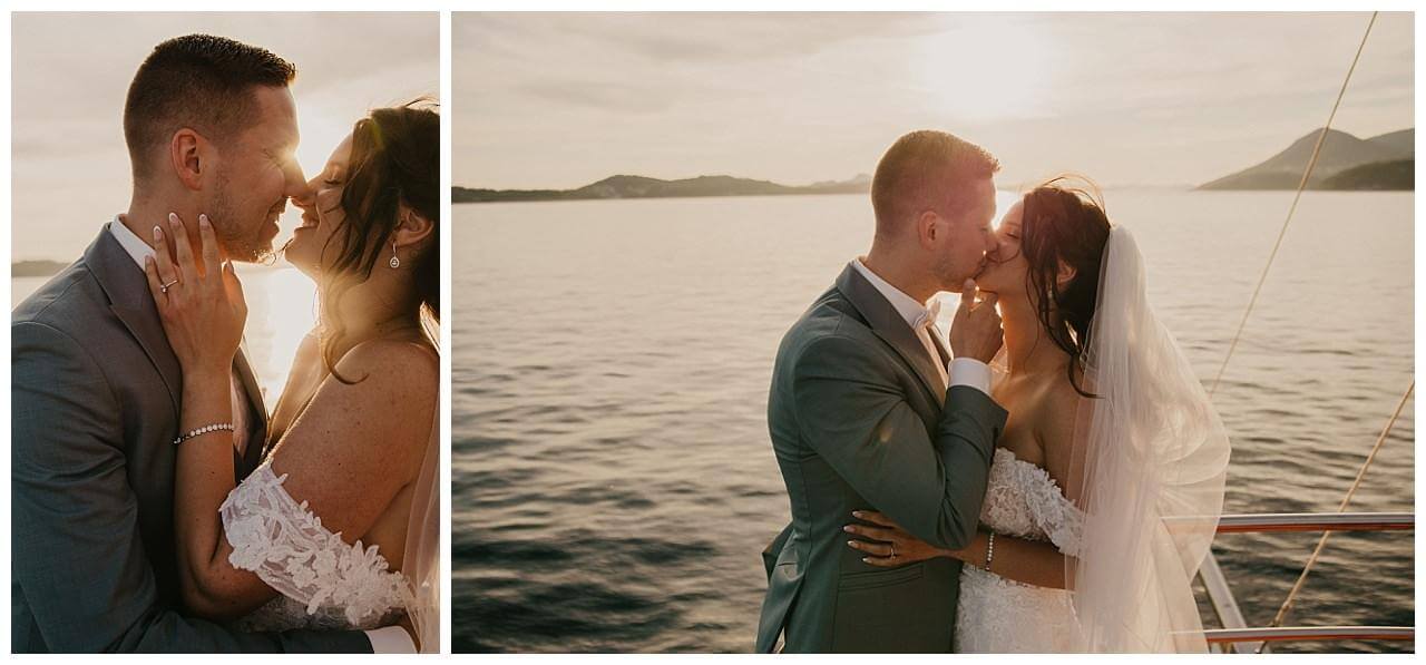 Brautpaar im Sonnenuntergang auf Boot in Kroatien in der Stadt Dubrovnik