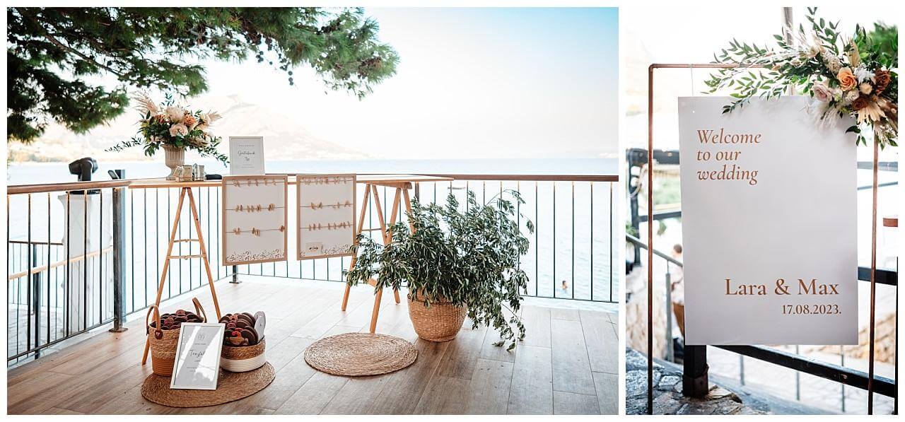 Willkommensschild in weiß mit Roségoldener rahmen und Schrift und Foto Gästebuch bei einer Hochzeit in Kroatien