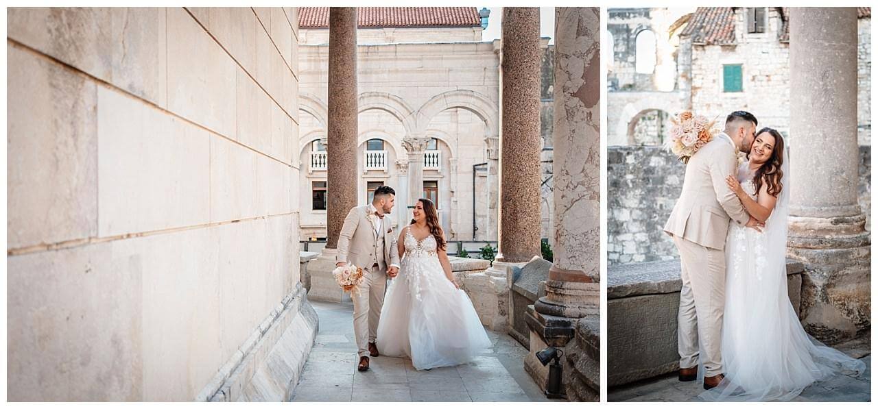 Brautpaar in beige weiß auf Steinbalkon bei ihrer Hochzeit in Kroatien
