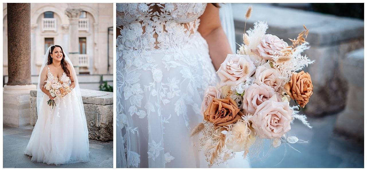 Braut mit Brautstrauß in orange rosa und creme weiß bei ihrer Hochzeit in Kroatien