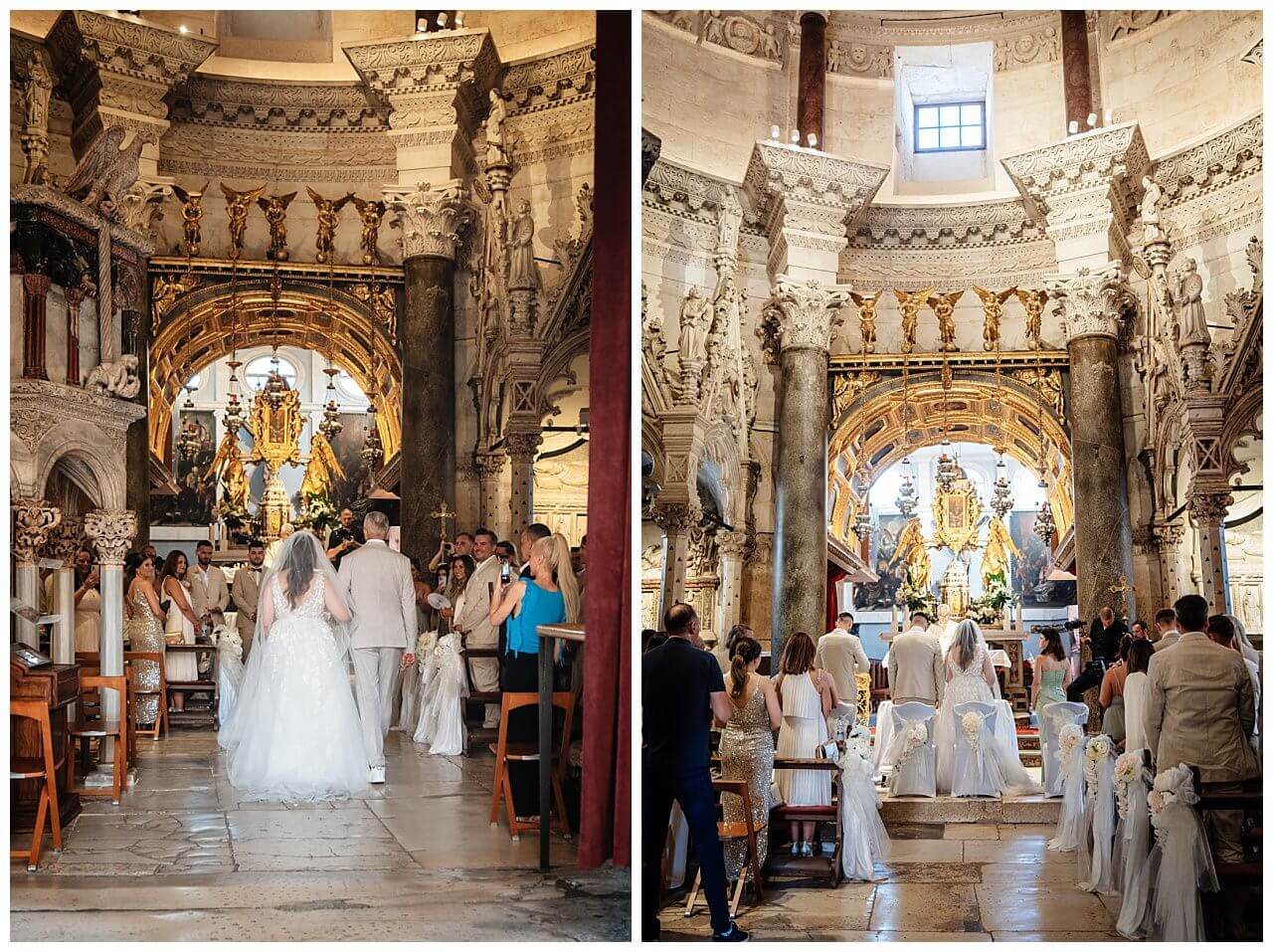 Brautpaar in weiß beige bei Kirchlicher Trauung in Kroatien