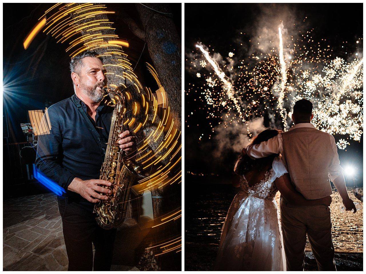 after wedding party mit live Saxofone Spieler und Feuerwerk nach einer Hochzeit in Kroatien