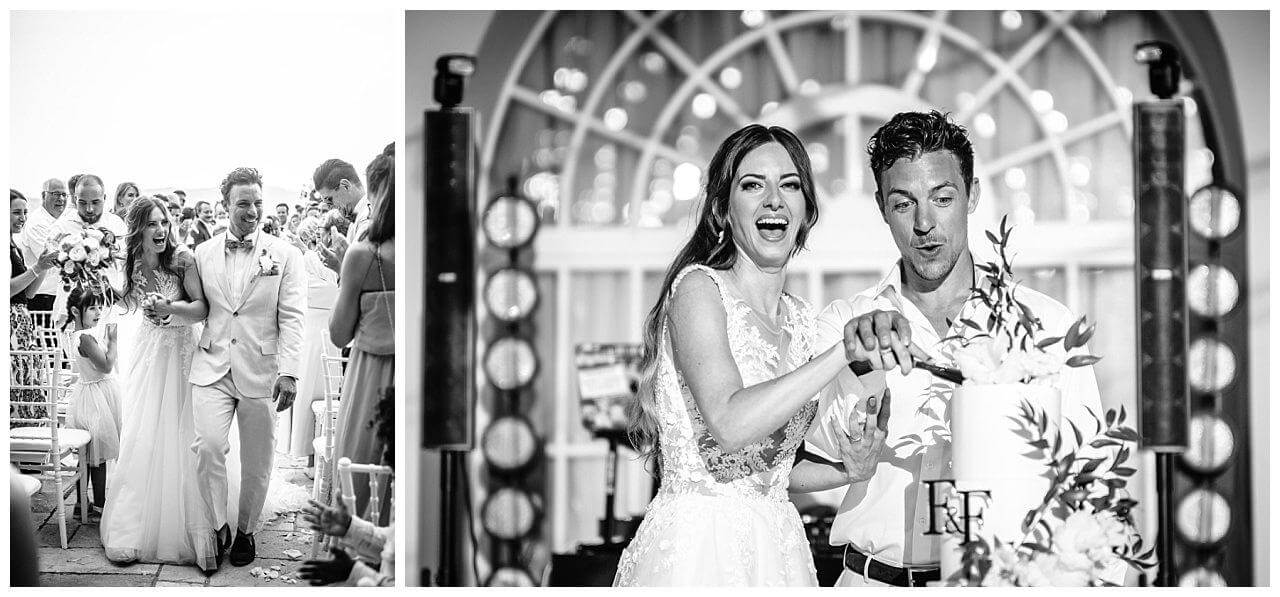 Brautpaar nach ihrer Trauung und am Hochzeitstorte anschneiden schwarz weiß bei ihrer Hochzeit auf Split in Kroatien