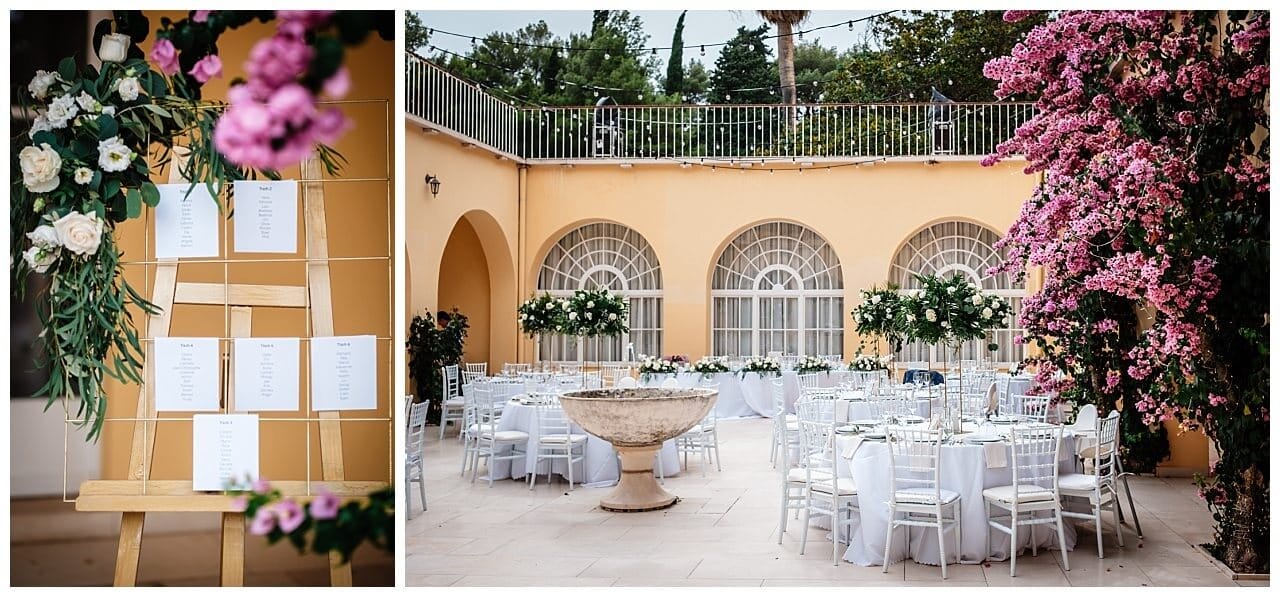 Sitzplan für Hochzeit und Komplet weiße Tische mit Dekoration bei einer Hochzeit in Split Kroatien