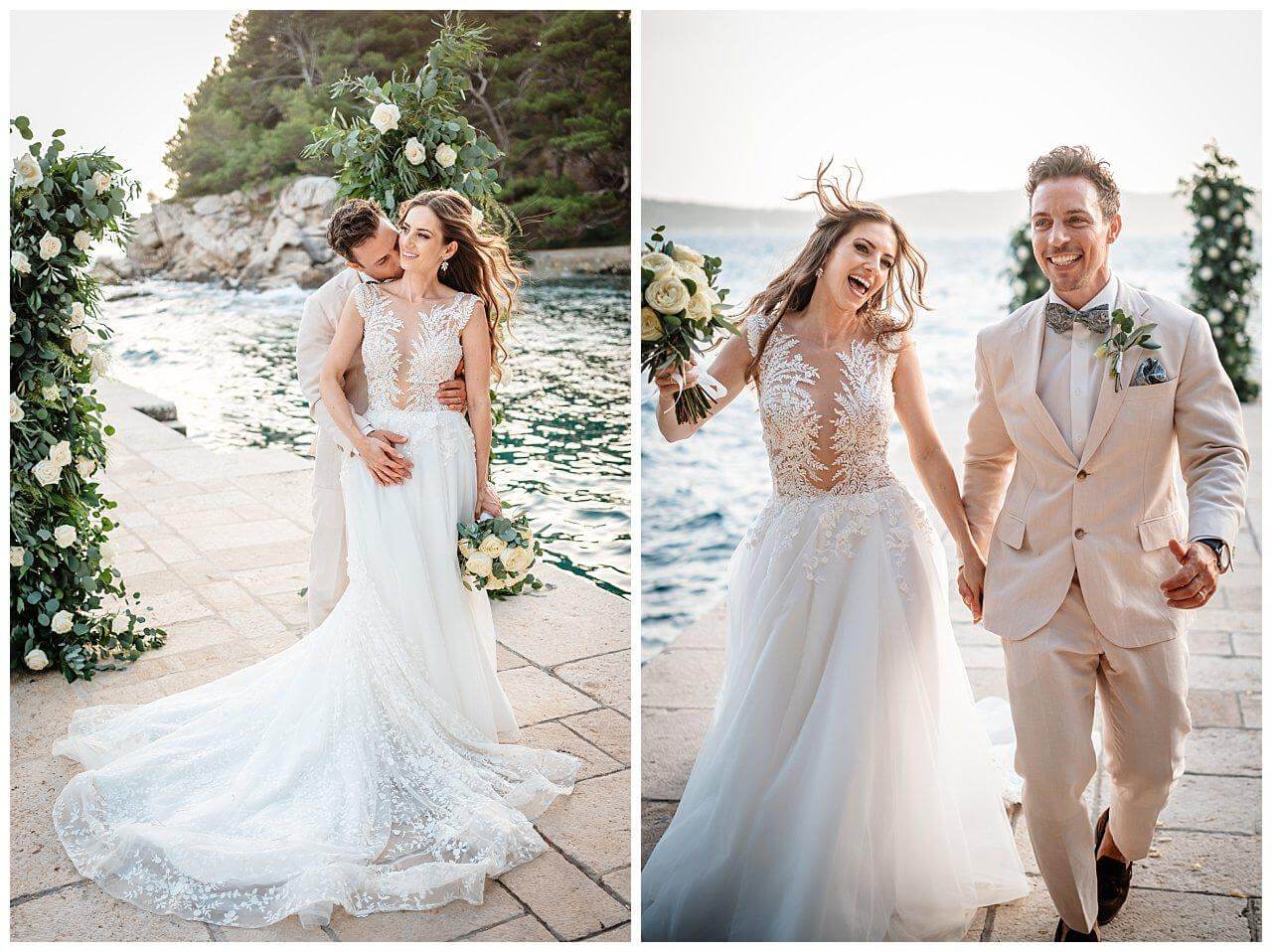 Brautpaar auf eine Stein Steg im Meer vor Traubogen aus Blättern und weißen Rosen bei ihrer Hochzeit in Split in Kroatien