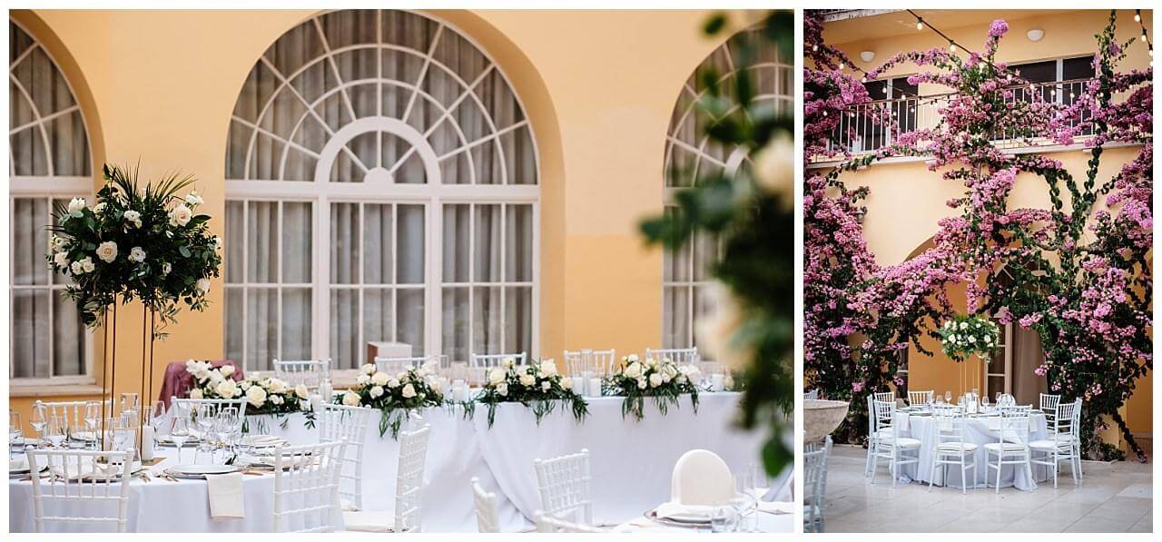 Hochzeits Tische Komplet weiß mit weißen Rosen bei einer Hochzeit in Split Kroatien