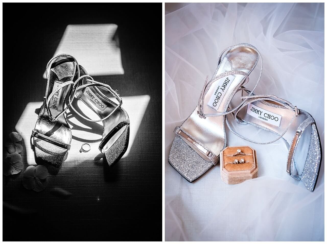 Brautschuhe in Silber Glitzernd und Braut ring und Ohrringe in Orangener Schmuckbox für eine Hochzeit in einer Finka in Istrien Kroatien