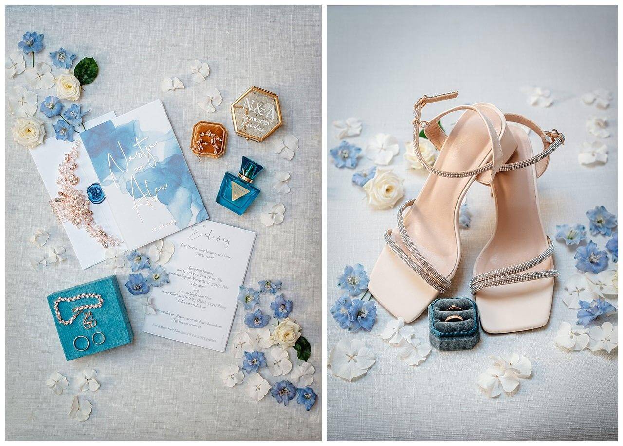 Einladung zur Hochzeit in Blau Weiß, Brautschuhe in Rosa und Eheringe in Blauer Ring box bei einer Hochzeit in einer privaten Finka in Kroatien