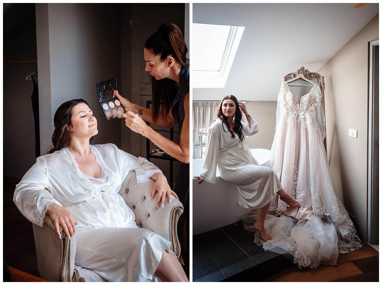 Braut getting ready und Brautkleid in weiß mit Rosa Unterton bei einer Hochzeit in einer privaten Finka in Kroatien
