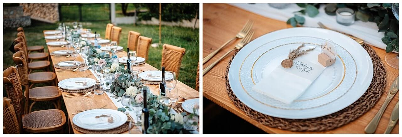 Tischdekoration braun grün Gold Bronze bei einer Hochzeit in Istrien Kroatien
