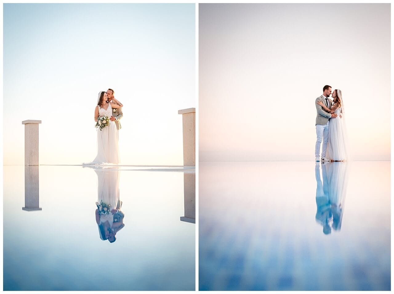Brautpaar das sich im Pool spiegelt bei ihrer Hochzeit in einer privaten Villa in Kroatien