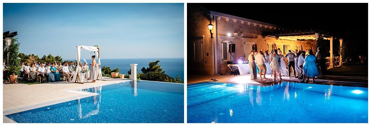 Freie Trauung und after wedding party am Pool mit dem Blick aufs Meer bei einer Hochzeit in einer privaten Villa in Kroatien