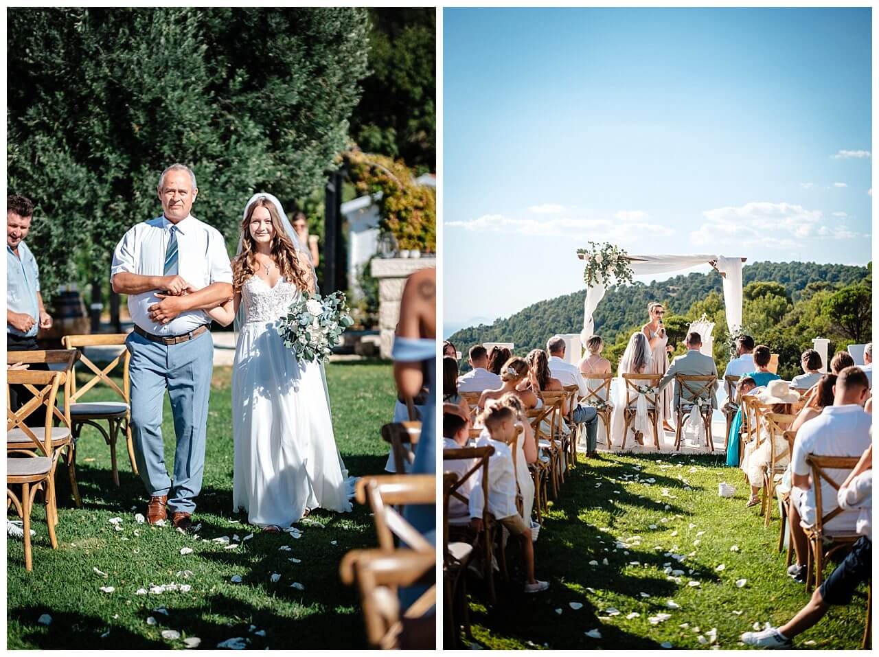Braut mit Vater und Brautpaar bei freier Trauung am Pool in einer privaten Villa in Kroatien