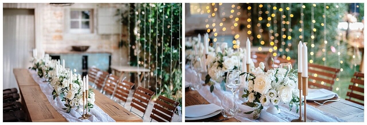 Tischdekoration für Hochzeiten in weiß mit weißem Blumenstrauß bei einer Hochzeit am Meer in Kroatien