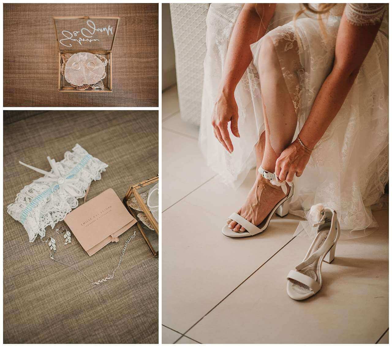 Brautschuhe Ringe Accessoires bei Getting Ready zur Hochzeit am Yachthafen in Kroatien