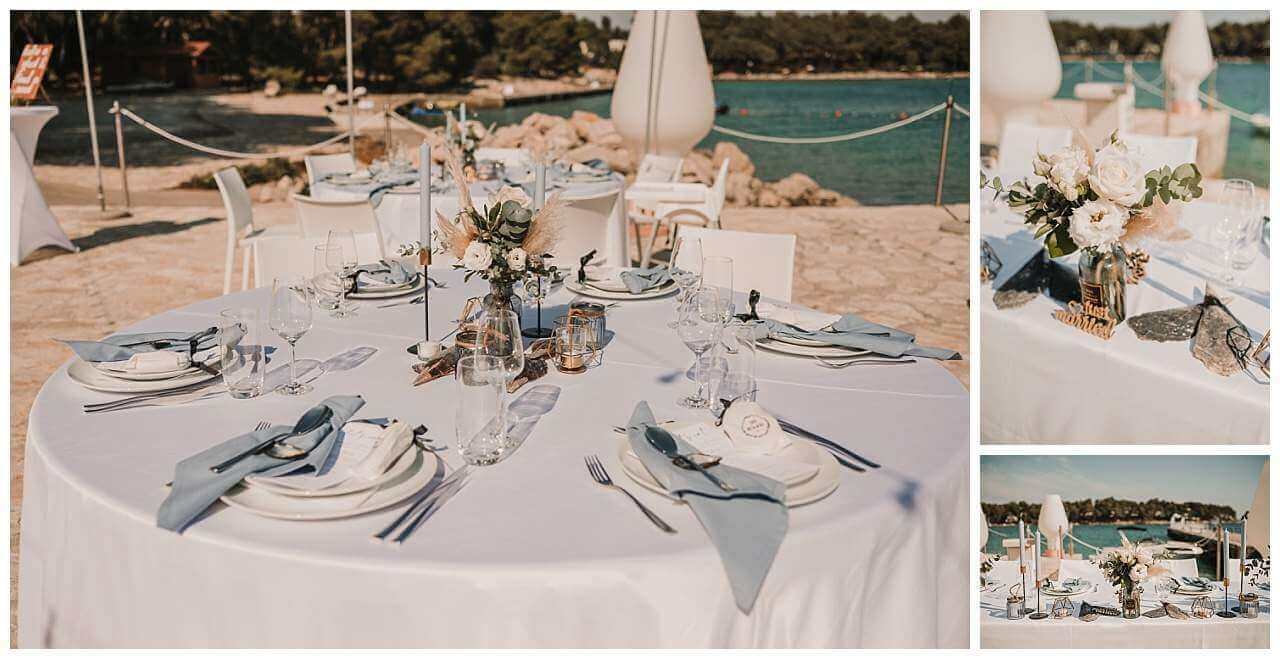 Tischdeko auf drei Bildern beiHochzeit am Yachthafen in Kroatien