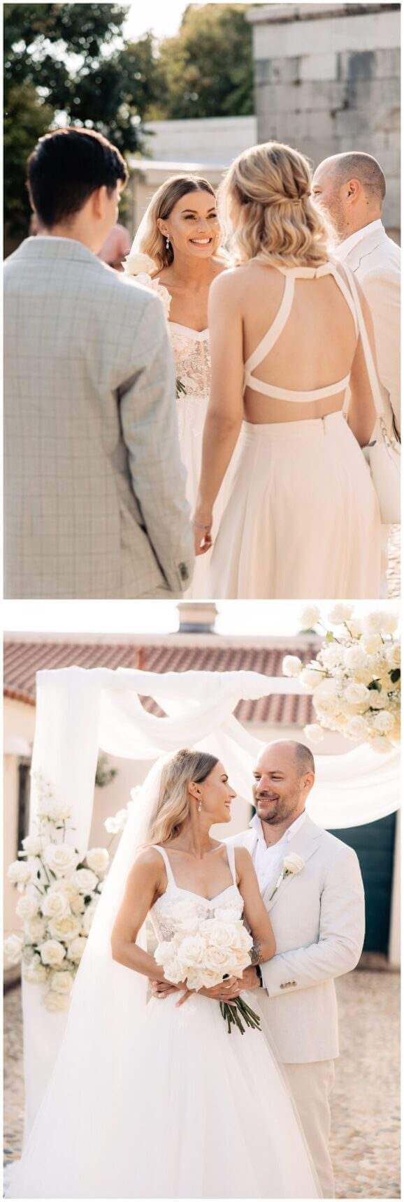 Braut lacht und Brautpaar schaut sich verliebt an bei Hochzeit in Kastell in Kroatien